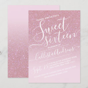 Girly Pink Faux Sparkly Glitter Ombre Sweet 16 Kaart