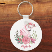 Girly Pink Flamingo Floral Rozen Name Sleutelhanger (Voorkant)