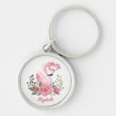 Girly Pink Flamingo Floral Rozen Name Sleutelhanger (Voorkant)