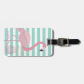 Girly Pink Flamingo, Pineapple Mint White Stripes Bagagelabel (Voorkant horizontaal)