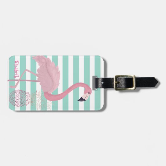 Girly Pink Flamingo, Pineapple Mint White Stripes Bagagelabel (Voorkant horizontaal)