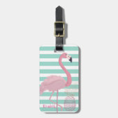 Girly Pink Flamingo, Pineapple Mint White Stripes Bagagelabel (Voorkant verticaal)