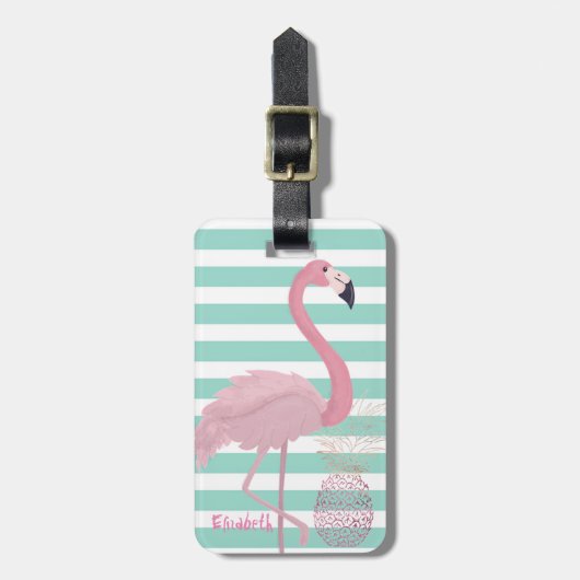 Girly Pink Flamingo, Pineapple Mint White Stripes Bagagelabel (Voorkant verticaal)