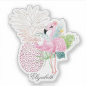 Girly Pink Flamingo, Tropische bladeren, ananas Sticker (Voorkant)