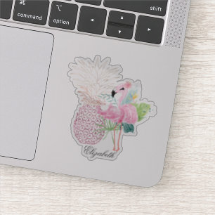 Girly Pink Flamingo, Tropische bladeren, ananas Sticker