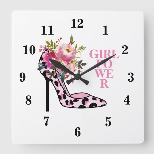 Girly Pink Floral and High Heels  Vierkante Klok (Voorkant)