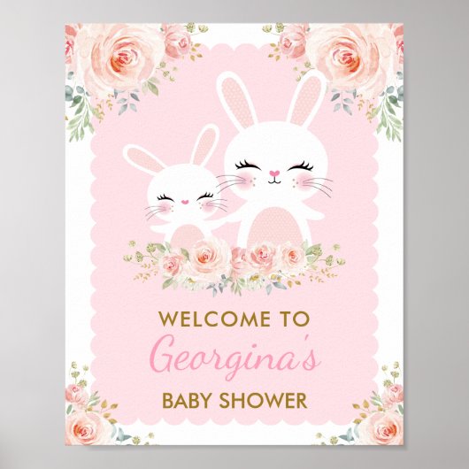 Girly Pink Floral Bunny Baby shower Cute Rabbit Poster (Voorkant)