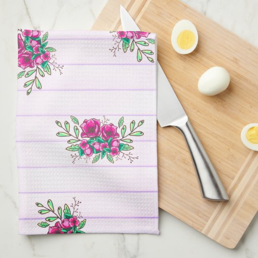 Girly Pink Floral Doodles & Roze Stripes Hallo Theedoek (Quarter Fold)