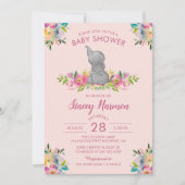 Girly Pink Floral Elephant Baby shower Invitation Kaart (Voorkant)