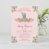 Girly Pink Floral Elephant Baby shower Invitation Kaart (Staand voorkant)