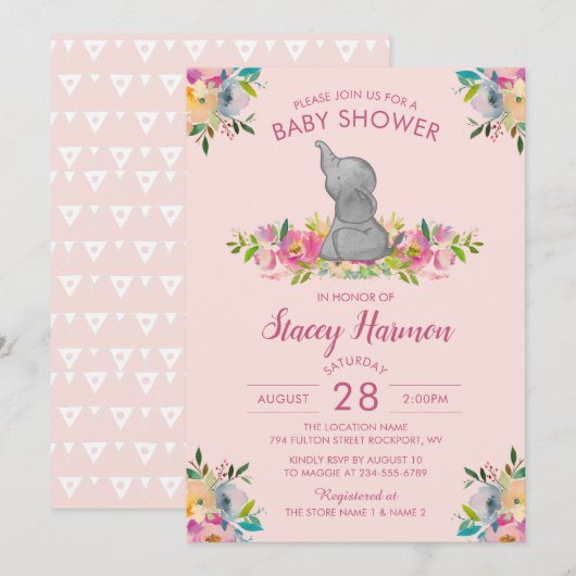 Girly Pink Floral Elephant Baby shower Invitation Kaart (Voorkant / Achterkant)