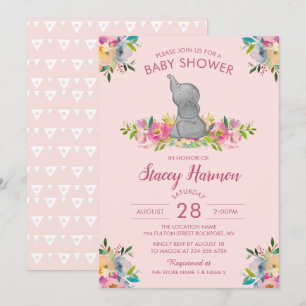 Girly Pink Floral Elephant Baby shower Invitation Kaart