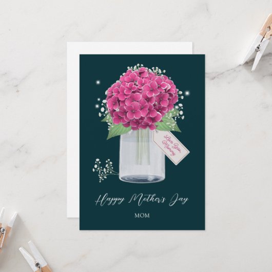 Girly Pink Floral Green Happy Moederdag Kaart (Voorkant / Achterkant in situ)