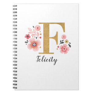 Girly Pink Floral Monogram Letter F Notitieboek