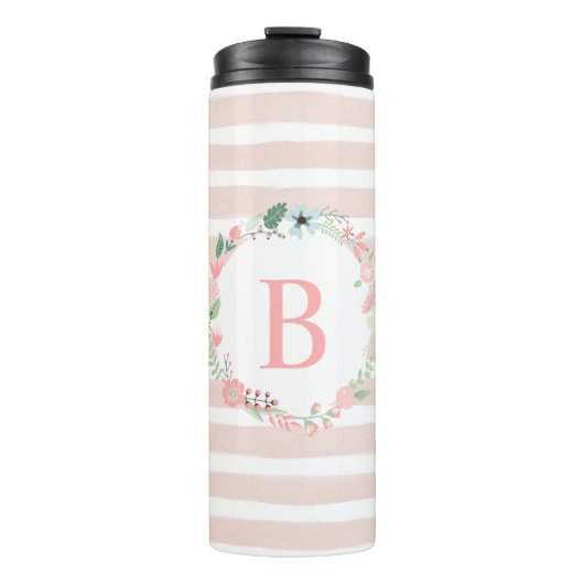 Girly Pink Floral Monogram Thermosbeker (Voorkant)