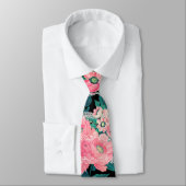 Girly Pink Floral & Silver Glitter Stripes Black Stropdas (Gebonden)