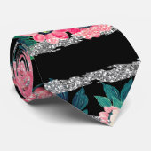 Girly Pink Floral & Silver Glitter Stripes Black Stropdas (Opgerold)