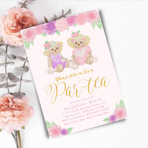 Girly Pink Floral Teddy Bear Tea Party Baby shower Kaart