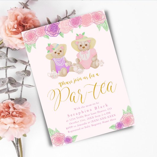 Girly Pink Floral Teddy Bear Tea Party Baby shower Kaart
