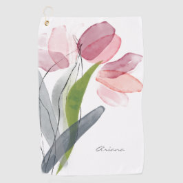 Girly Pink Floral Tulips laat wit vallen Golfhanddoek