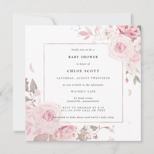 Girly Pink Floral Waterverf Baby shower Kaart (Voorkant)