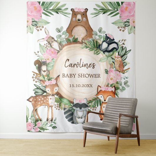 Girly Pink Floral Woodland Baby shower Backdrop Wandkleed (In situ)