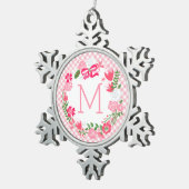 Girly Pink Floral Wreatalized Monogram Tin Sneeuwvlok Ornament (Rechts)