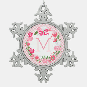 Girly Pink Floral Wreatalized Monogram Tin Sneeuwvlok Ornament