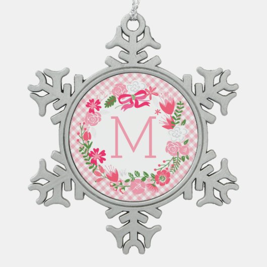 Girly Pink Floral Wreatalized Monogram Tin Sneeuwvlok Ornament (Voorkant)