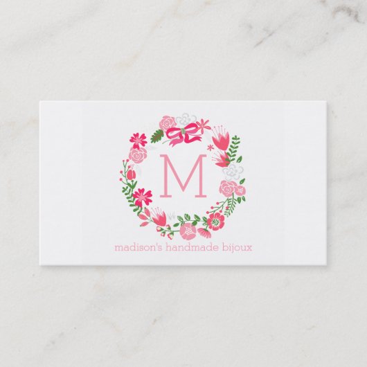 Girly Pink Floral Wreatalized Monogram Visitekaartje (Voorkant)