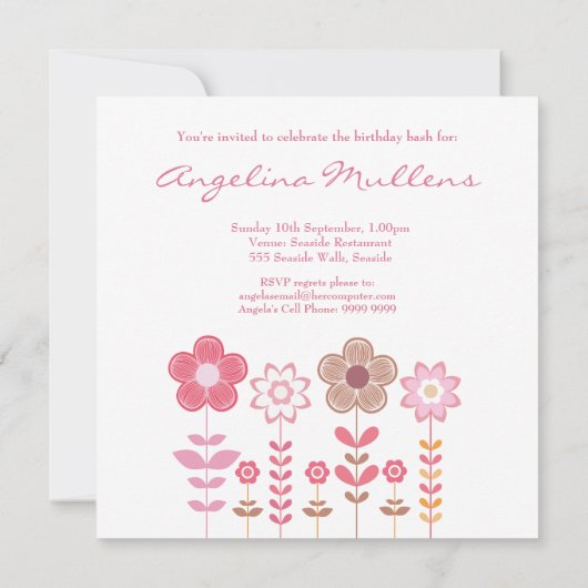 Girly Pink Flowers Aangepaste verjaardagsuitnodigi Kaart (Achterkant)