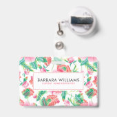 Girly Pink Flowers Green Leafs Pattern Badge (Back with Retractable)