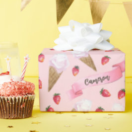 Girly Pink Gepersonaliseerde Aardbei Ice Cream Con Cadeaupapier