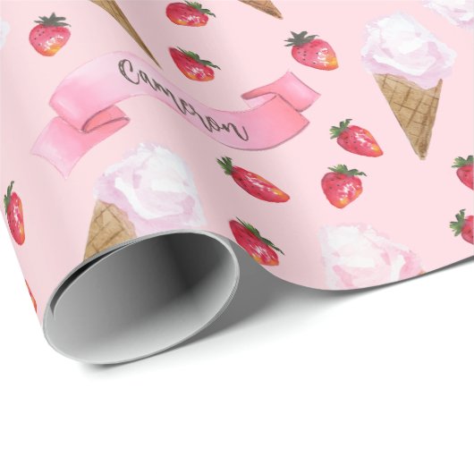 Girly Pink Gepersonaliseerde Aardbei Ice Cream Con Cadeaupapier (Rol Hoek)