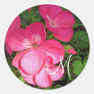  Girly Pink Geranium Monogram foto Ronde Sticker