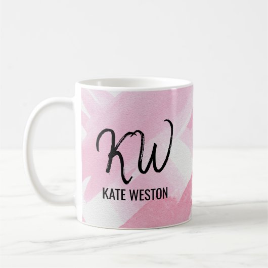 Girly Pink Giant Waterverf Brushstrokes Monogram Koffiemok (Links)