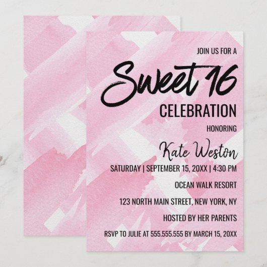 Girly Pink Giant Waterverf Brushstrokes Sweet 16 Kaart (Voorkant / Achterkant)