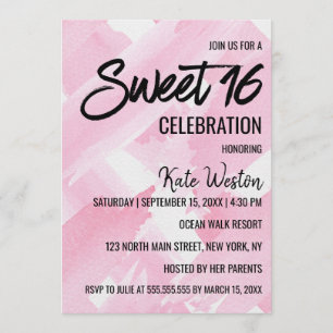 Girly Pink Giant Waterverf Brushstrokes Sweet 16 Kaart