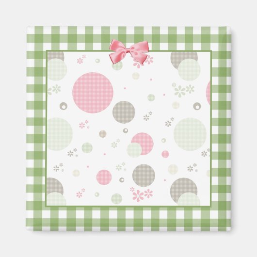 Girly Pink Gingham Pattern Circles Cute Daisies Magneet (Voorkant)