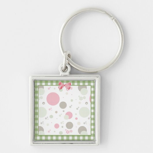 Girly Pink Gingham Pattern Circles Cute Daisies Sleutelhanger (Voorkant)