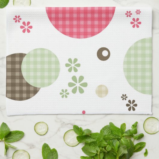 Girly Pink Gingham Pattern Circles Cute Daisies Theedoek (Gevouwen)