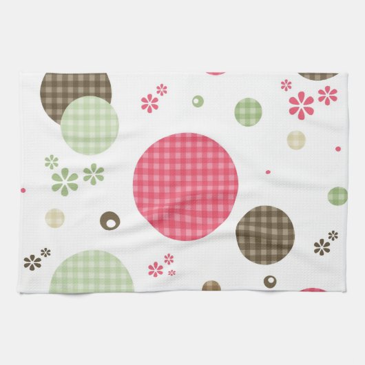 Girly Pink Gingham Pattern Circles Cute Daisies Theedoek (Horizontaal)