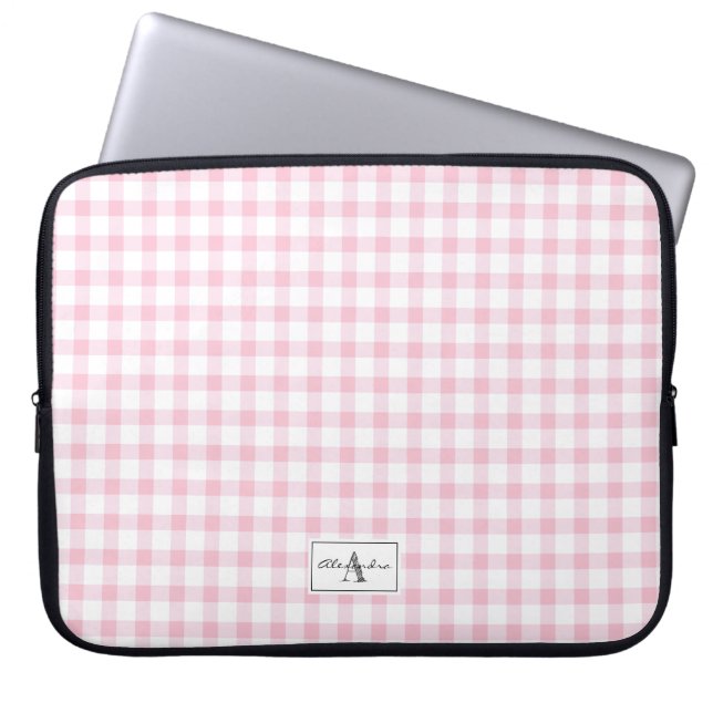 Girly Pink Gingham Pset Checktern Monogram Laptop Sleeve (Voorkant)