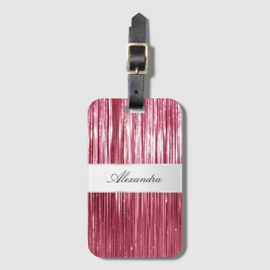 Girly Pink Glam Glitzy Tinsel Stripes Bagagelabel (Voorkant (verticaal))