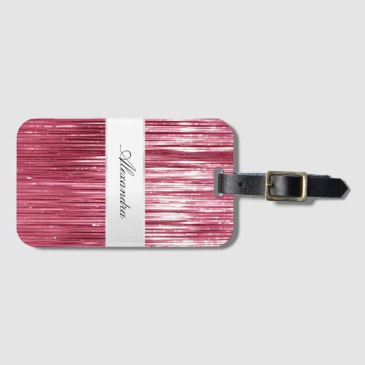 Girly Pink Glam Glitzy Tinsel Stripes Bagagelabel (Voorkant (horizontaal))