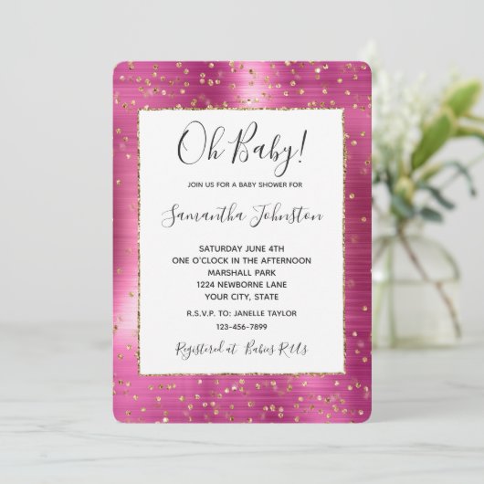 Girly Pink Glam Gold Sparkle Confetti Baby shower Kaart (Staand voorkant)