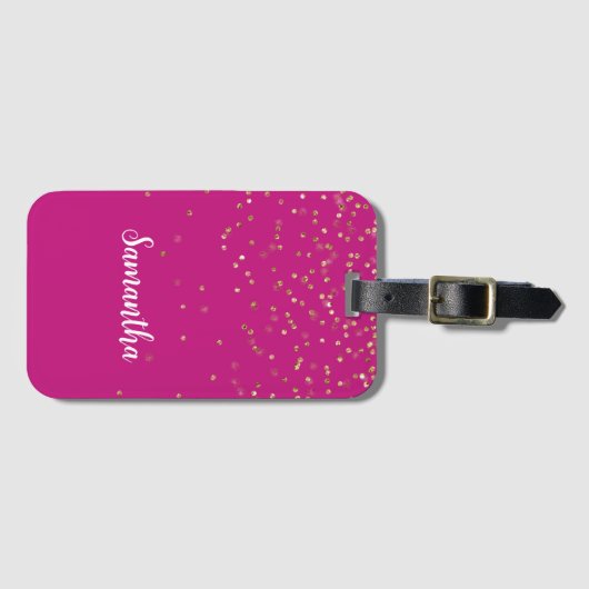 Girly Pink Glam Gold Sparkle Confetti gepersonalis Bagagelabel (Voorkant (horizontaal))