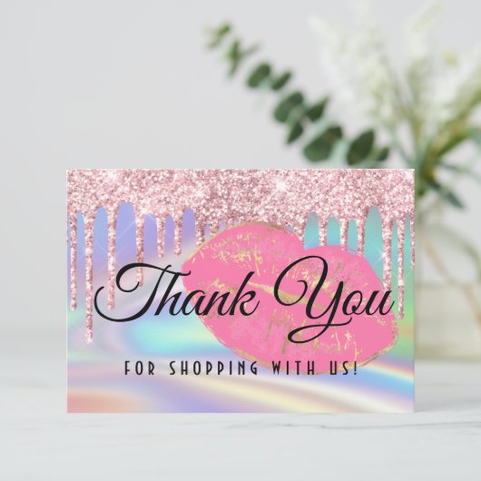 Girly Pink Glam Kiss Lips Faux Holographic Rainbow Bedankkaart (Staand voorkant)