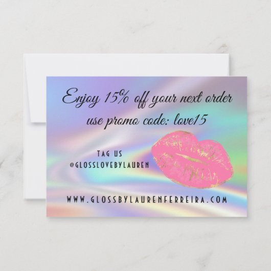 Girly Pink Glam Kiss Lips Faux Holographic Rainbow Bedankkaart (Achterkant)