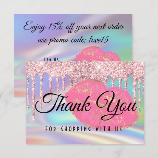 Girly Pink Glam Kiss Lips Faux Holographic Rainbow Bedankkaart (Voorkant / Achterkant)